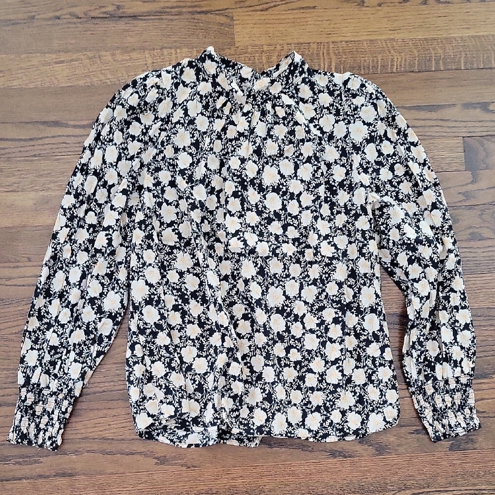 Who What Wear Black and Orange Cream Floral Blouse
